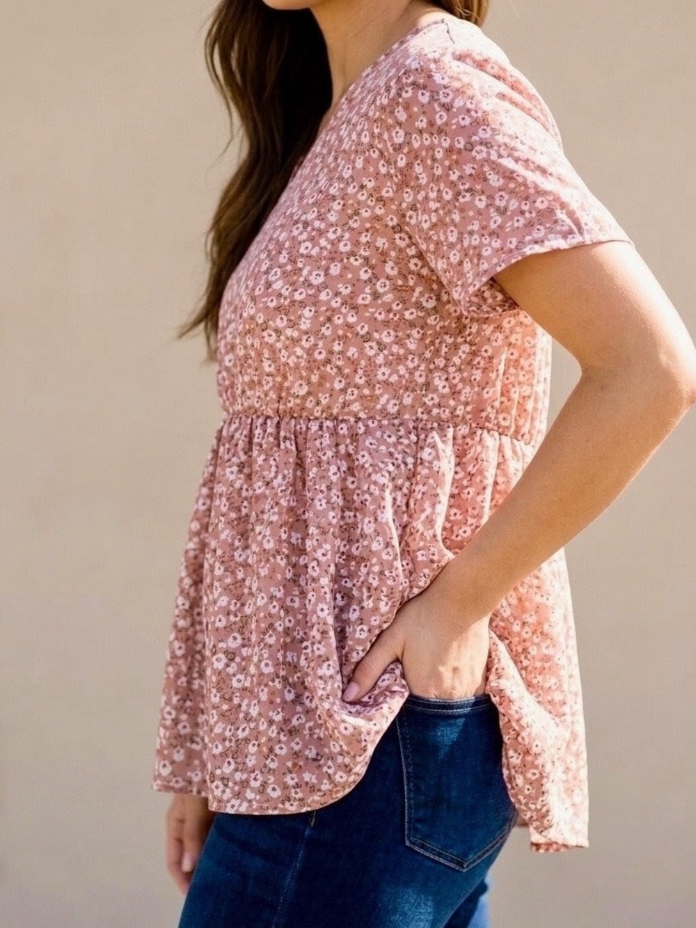 Babydoll Peplum Top Dusty Rose Pink Tiny Floral Size XL